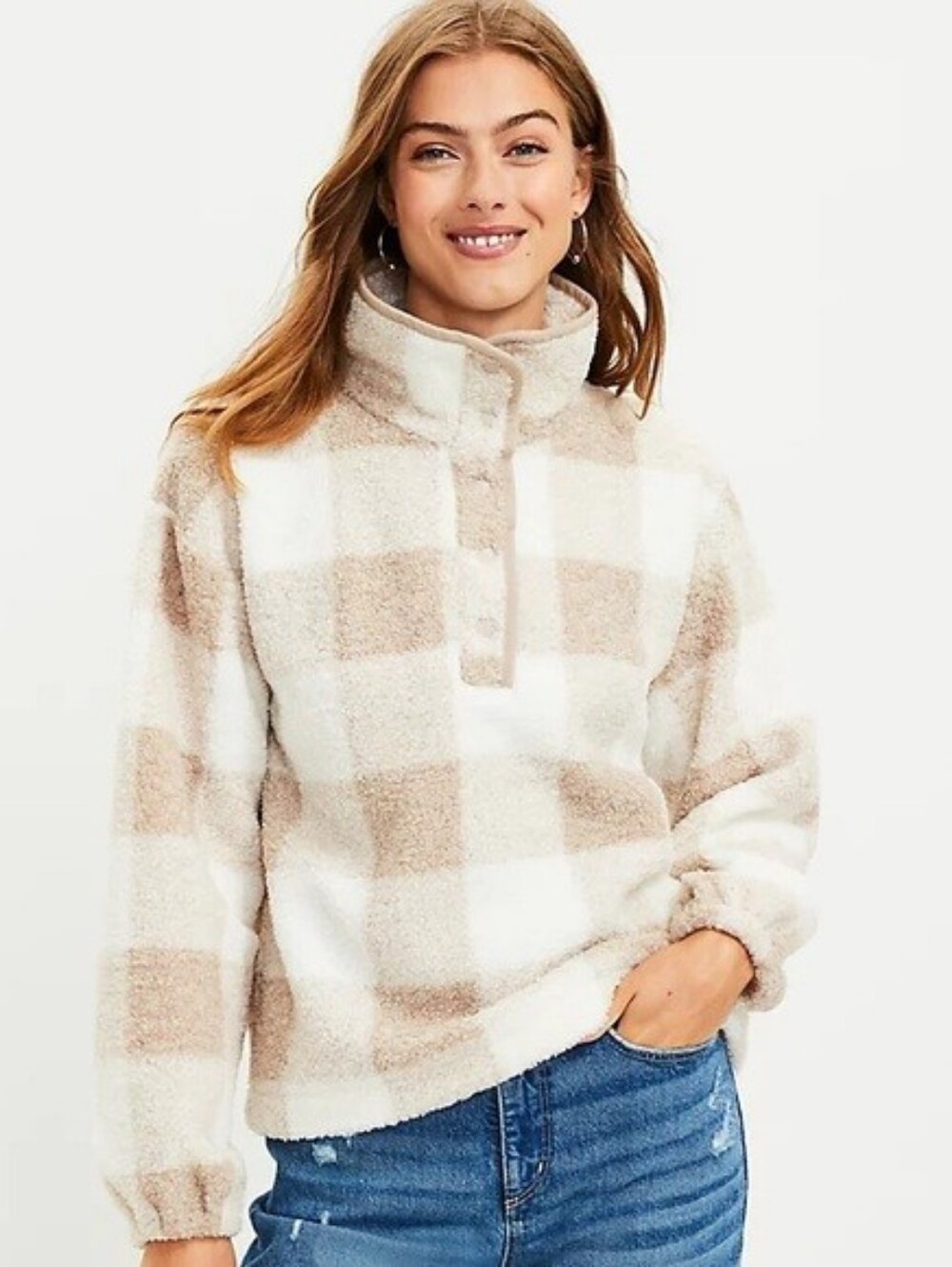 Loft Sherpa Plaid Snap Collar Jacket